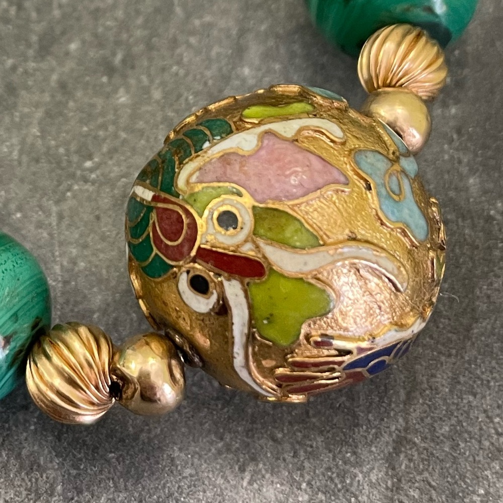 Vintage Malachite Gemstone Cloisonné Dragon Necklace - Picture 6 of 14